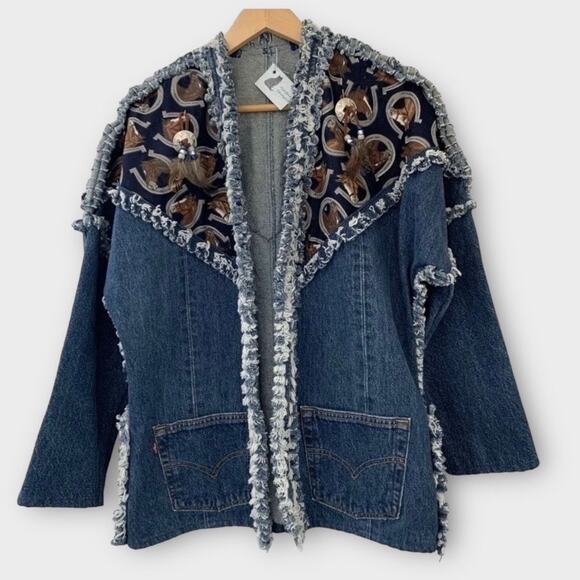 Upcycled Levi’s Boho Western Denim Jacket Coastal Cowgirl Fringe Horseshoe Print - Picture 7 of 8